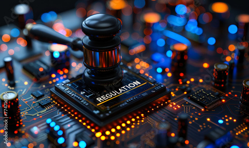AI Act Regulation: Gavel on circuit board amid glowing orange lights, representing the intersection of artificial intelligence technology and legal regulation