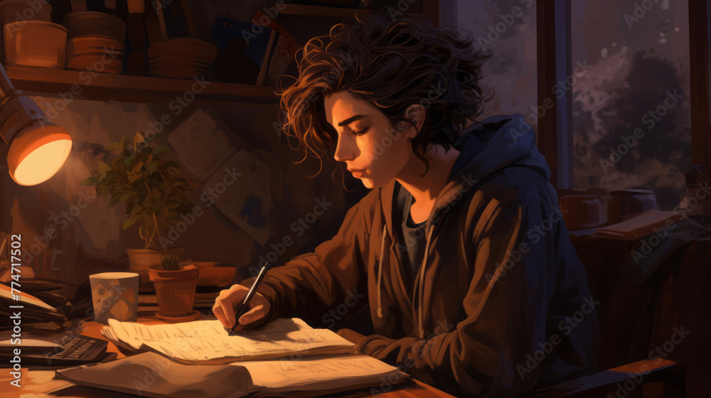 Young person doing homework at night in a cozy dark room Young person doing homework at night in a cozy dark room