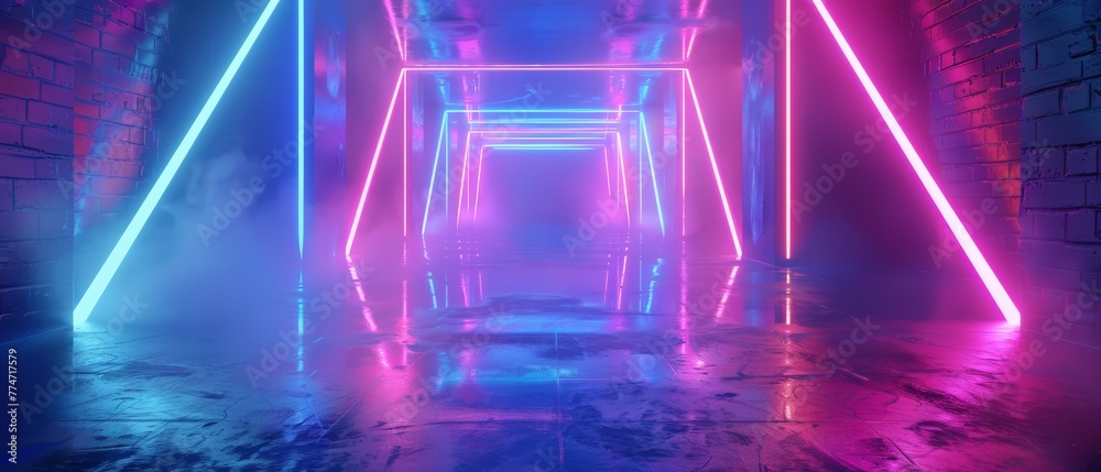 A 3D model, neon light show, laser show, glowing lines, fluorescent abstract background, optical illusion, room, corridor, night club interior.