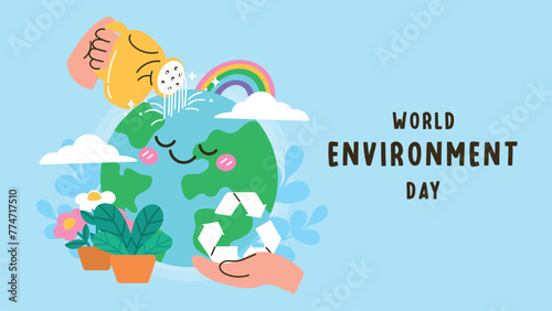 World Environment day concept background vector. Save the earth, globe, recycle symbol, watering can. Eco friendly illustration design for web, banner, campaign, social media post.