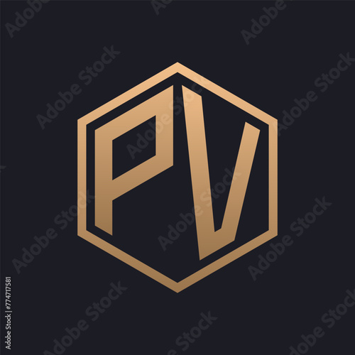 Elegant Hexagon Letter PV Logo Design. Initial Luxurious PV Logo Template