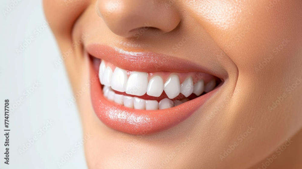 Fototapeta premium Beautiful female smile after teeth whitening procedure. Dental care. Dentistry concept