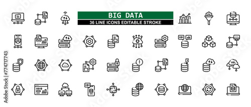 36 Big Data Line Icons Set Pack Editable Stroke Vector Illustration.