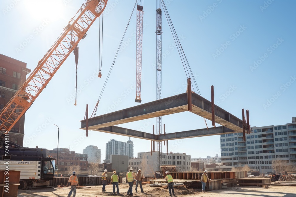 Crane lifting steel beams at a construction site concept, A truck crane lifts a large steel beam on a construction site, AI generated Crane lifting steel beams at a construction site concept, A truck crane lifts a large steel beam on a construction site, AI generated