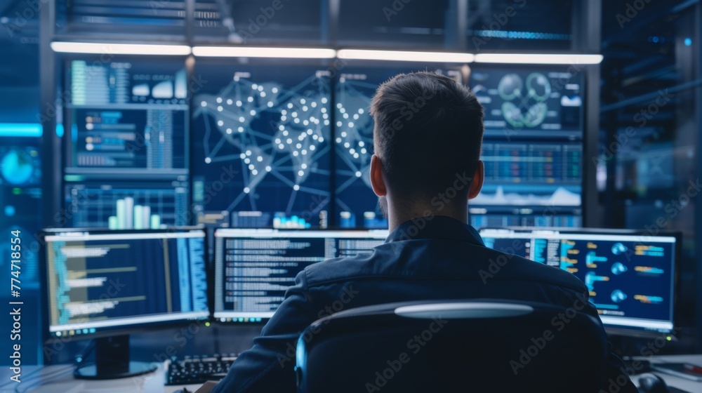 Man Sitting at Desk With Multiple Computer Monitors Man Sitting at Desk With Multiple Computer Monitors