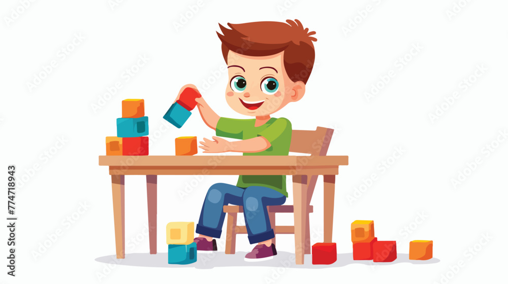 Cartoon little boy playing cubes on table Flat vector