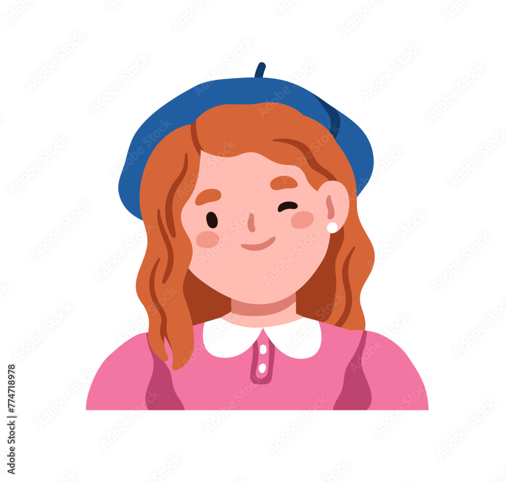 Cute girl smiling and winking. Adorable happy kid character in beret, funny face, head portrait, avatar. Cheerful little preschool child. Flat vector illustration isolated on white background Cute girl smiling and winking. Adorable happy kid character in beret, funny face, head portrait, avatar. Cheerful little preschool child. Flat vector illustration isolated on white background
