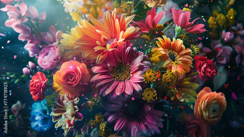 A vibrant explosion of colors captured in ultra-high definition, showcasing a mixed flower bouquet that's as lively and dynamic as it is elegant. 8K. photo
