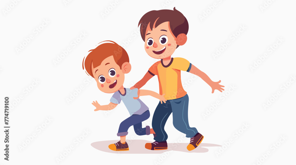 Cartoon little boy pushing his friend Flat vector
