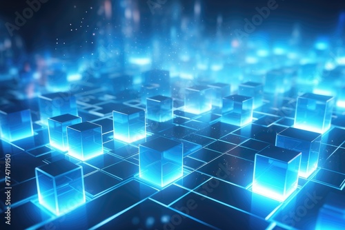3d square and neon light line dark blue background  blue technology background with glowing cubes 3d rendering toned image 3D rendering  Ai generated