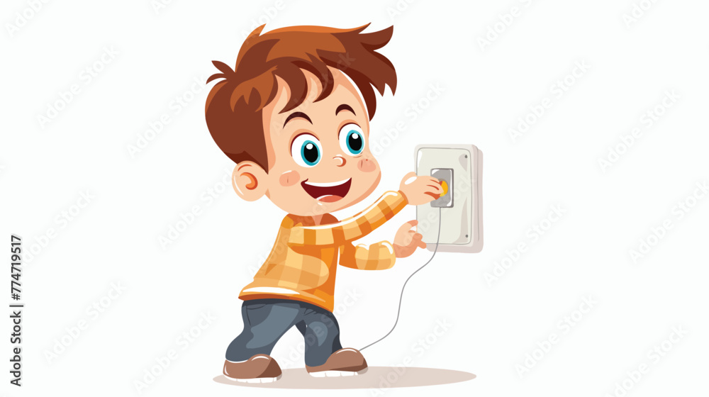Cartoon little boy touching an electrical socket Flat