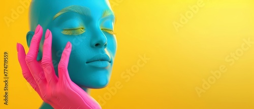 Rendering of a female mannequin's head and hand, fashion concept, isolated object, yellow minimal background, shop display, pink blue body parts, pastel colors, 3D rendering
