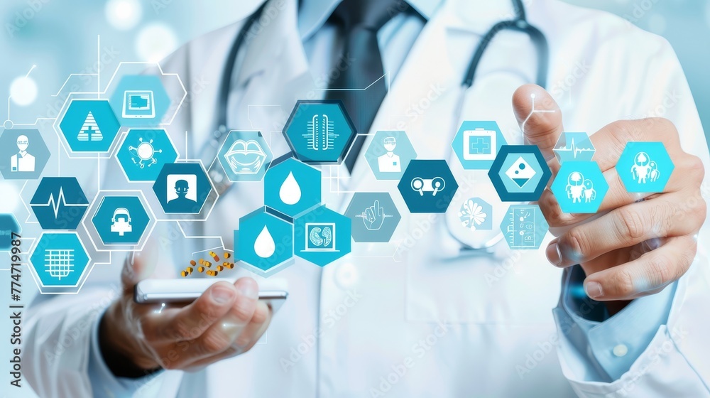 Human body hologram touch concept and medical icon network connection on virtual screen; technology innovation in science and medicine.