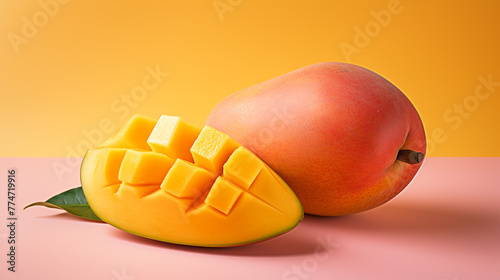 An HDR photo of a ripe, sliced mango on a solid pastel pink background, emphasizing the fruit's vibrant yellow-orange color and freshness.