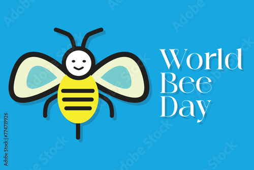 A cartoon illustration of a smiling bee with big black eyes and fuzzy yellow stripes flying in a bright blue sky.