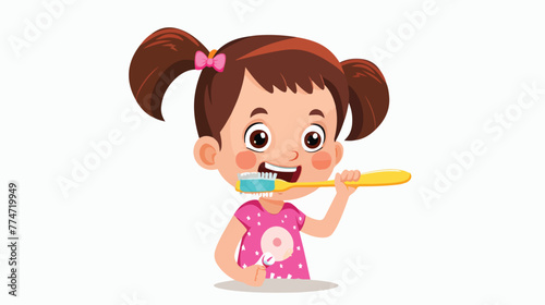 Cartoon little girl brushing teeth Flat vector