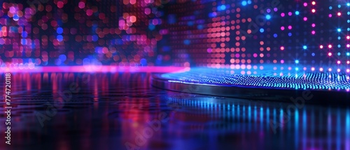 The rendering shows an abstract background, glowing dots, screen pixels, neon lights, virtual reality, ultraviolet spectrum, vibrant pink blue colors, a fashion podium on black, and reflections on