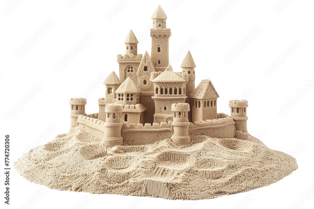 Sand castle isolated on white background. Children entertainment on sand beach during summer holidays