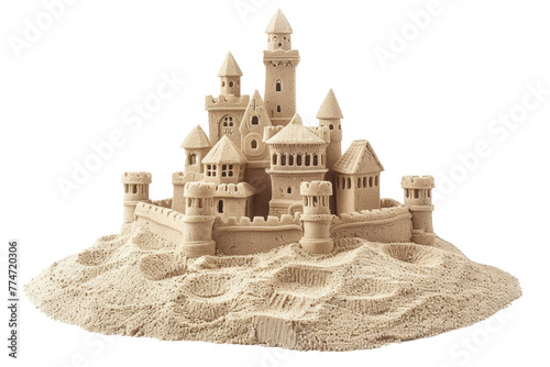 Obraz na płótnie Sand castle isolated on white background. Children entertainment on sand beach during summer holidays w salonie