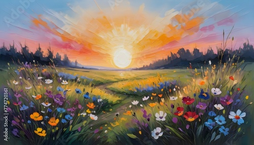 beautiful wild flowers against the background of sunrise, flowering field painted with oil paints © Fukuro
