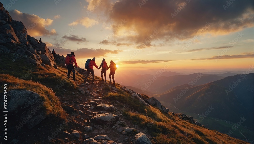 Panoramic view of team of people holding hands and helping each other reach the mountain top in spectacular mountain sunset landscape