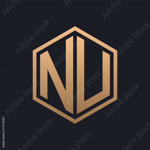 Elegant Hexagon Letter NU Logo Design. Initial Luxurious NU Logo Template