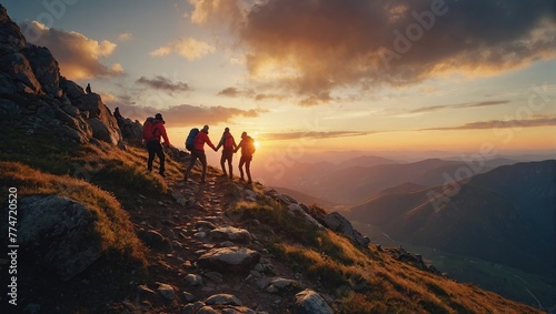Panoramic view of team of people holding hands and helping each other reach the mountain top in spectacular mountain sunset landscape © SHERAZI