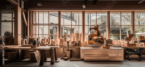 Amidst the scent of sawdust, the carpentry workshop is filled with wooden workbenches, where artisans meticulously craft and assemble wood products.