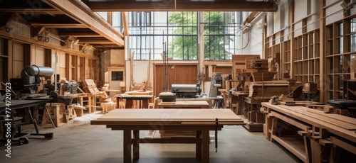 Amidst the scent of sawdust, the carpentry workshop is filled with wooden workbenches, where artisans meticulously craft and assemble wood products.