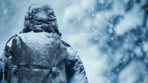 A person bundled up in a heavy coat trudging through kneedeep snow struggling against the weight and depth of the snowfall. photo