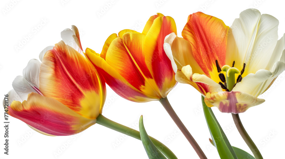 Three different colored tulips elegantly displayed in a vase Three different colored tulips elegantly displayed in a vase