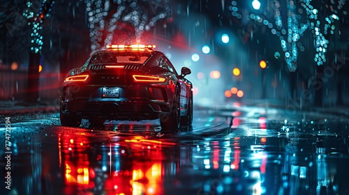 Rainy Night in the City A Police Car's Red Lights Shine Through the Rain Generative AI
