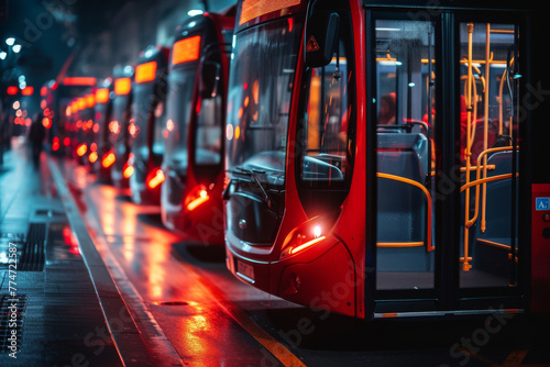 A row of red buses are parked at a bus stop photo