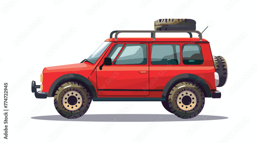 Cartoon red car with a roof rack Flat vector isolated