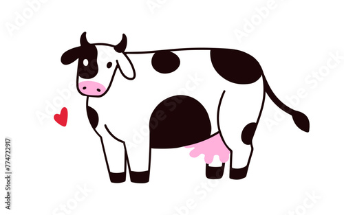 Cute milk cow, calf. Friendly dairy farm animal with spots, udder. Funny cattle, rural livestock, adorable domestic milker. Childrens flat graphic vector illustration isolated on white background