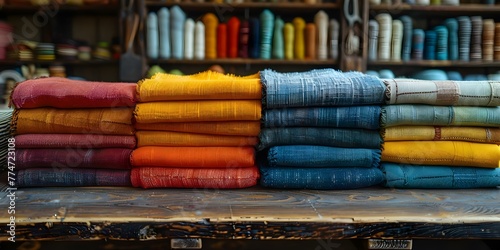 Vibrant Piles of Freshly Cleaned Cotton Fabric in a Tailor Workshop Displaying a Range of Soft Textiles. Concept Tailor Workshop, Cotton Fabrics, Freshly Cleaned, Soft Textiles, Vibrant Colors