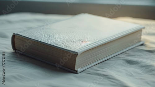 Binding work by a Japanese book designer. Photo-realistic. The background is light gray. Photo realistic. Depth of field