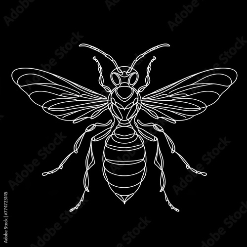 A black and white drawing of a Wasp with a black background. © Mey Mey