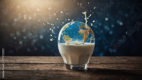 world globe splashed with a glass of milk, as milk day concept 