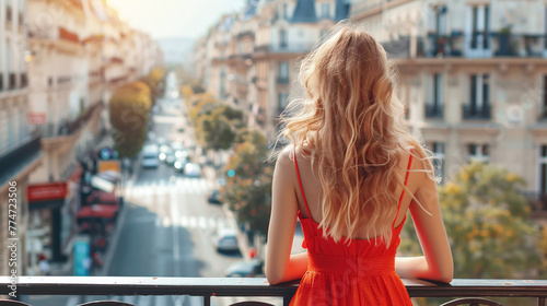 Rear view of a young beautiful woman in a dress standing on a hotel balcony and looking at the street