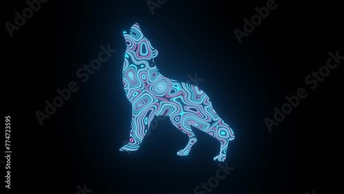 4K video animation of beautiful green texture or pattern formation on the Wolf shape, isolated on black background. 3d rendering abstract loop animation neon lighting effect on a Wolf.	