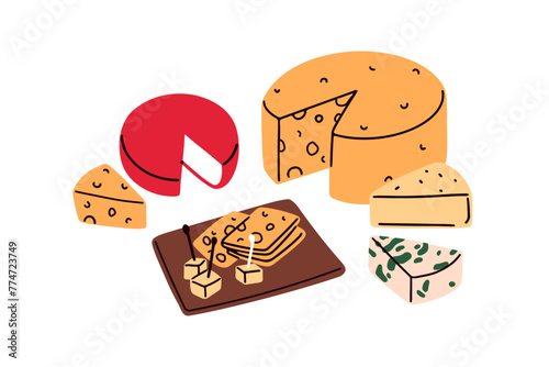 Cheese plate. Variety of delicious dairy delicatessen board. Different sorts, assorted types, appetizer, edam, emmental, gouda and roquefort. Flat vector illustration isolated on white background