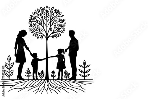 Continuous one black line art drawing Silhouettes of happy family holding the hands with tree vector illustration on white background