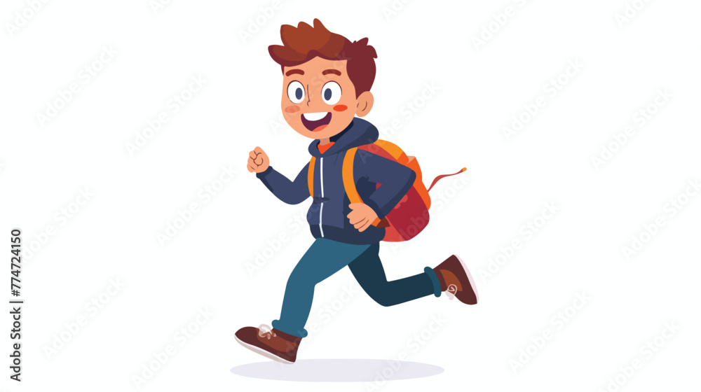 Cartoon school boy with backpack running Flat vector
