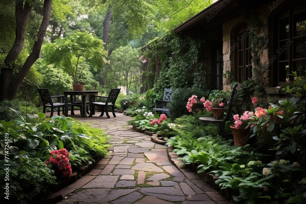 Stone Pathway: Secluded Forest Garden Patio Ideas - Lush Plants, Peaceful Retreat