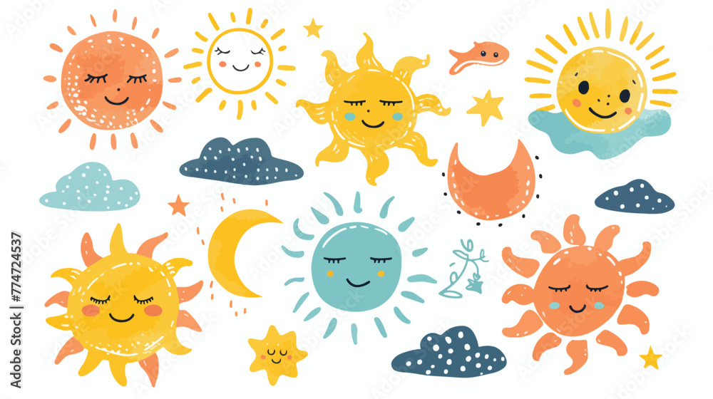 Hand drawn cute Sun icons. Weather and forecast
