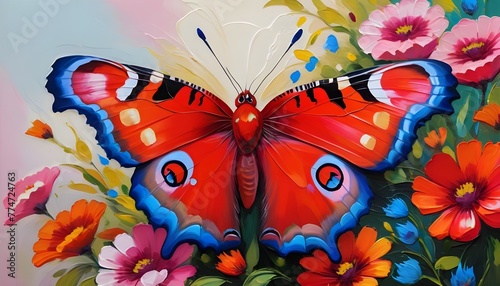 bright red peacock butterfly on beautiful flowers painted with oil paints. bright summer background