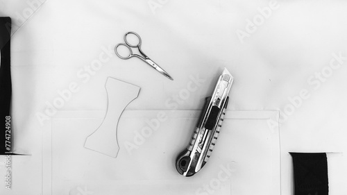 Crafting Tools Scissors Cutter Pattern Top View Black White photo