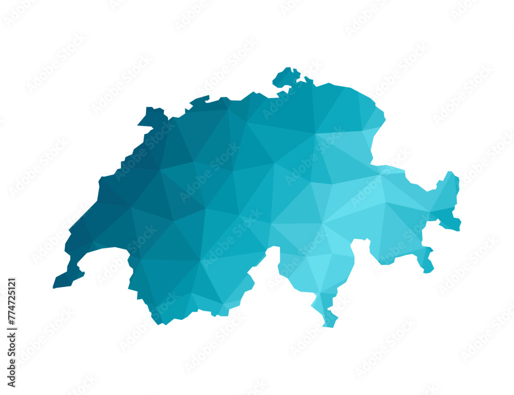 Vector illustration with simplified blue silhouette of Switzerland map. Polygonal triangular style. White background. Vector illustration with simplified blue silhouette of Switzerland map. Polygonal triangular style. White background.