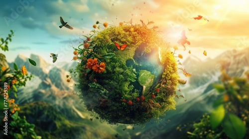 Ecology concept. Green planet with butterflies and flowers. photo
